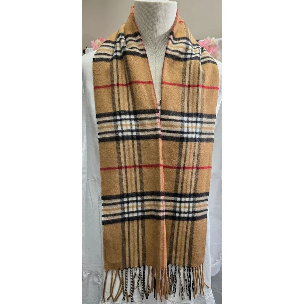 Nordstrom Cashmink Scarf Mens Tan Plaid Check Made in Germany Acrylic Fringe
